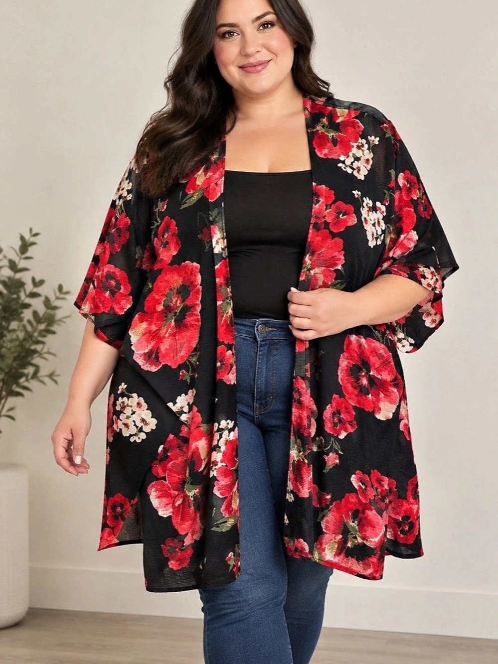 ✴️New✴️Black Floral Chiffon Kimono Tunic in Black & Red